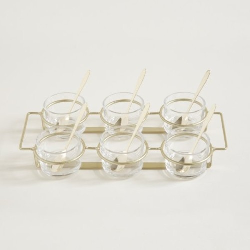 SET X 6 COPETINEROS DE VIDRIO CON CUCHARA Y RACK DE METAL