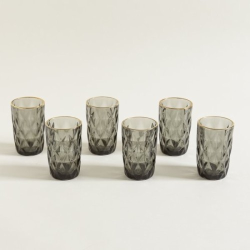 SET X 6 VASOS ALTOS DE VIDRIO GRIS BORDE DORADO ROMBOS